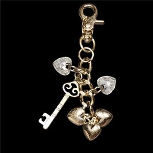 Vintage Bag Charm Backpack Clip Keychain Crystal & Silver Hearts Skeleton Key